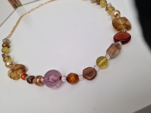 Collier Vintage Pierres Quartz Perles Dorés Marrons