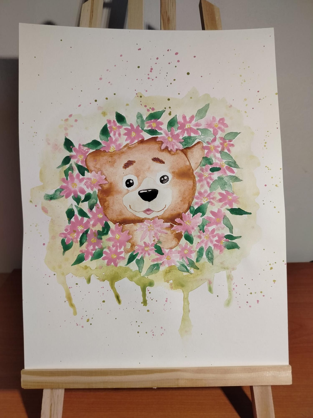 Aquarelle originale fait main ourson mignon 