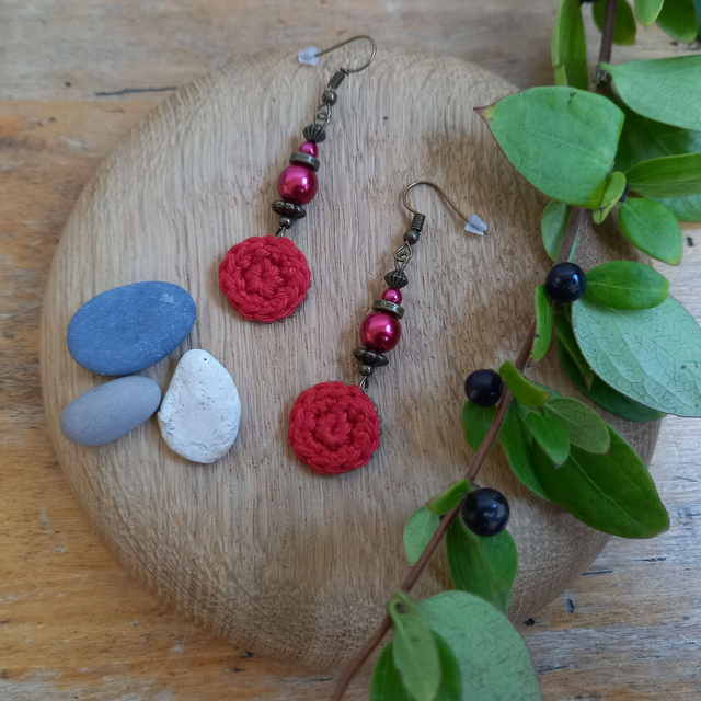 Parure rouge et bronze - Boucles d&#039;oreille pendantes