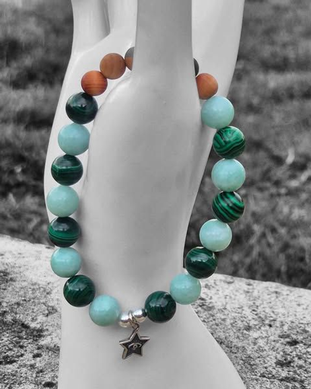 Malachite &amp; Jade Crystal Bracelet – with Wooden Beads &amp; Sterling Silver All Seeing Eye Charm for Protection, Balance &amp; Intuition