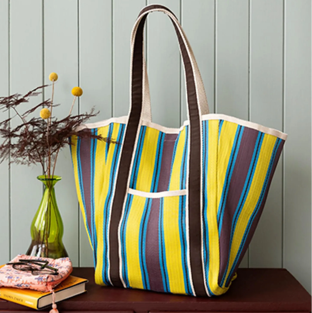 Recycled woven tote bag with canvas handles - Brown, yellow, teal