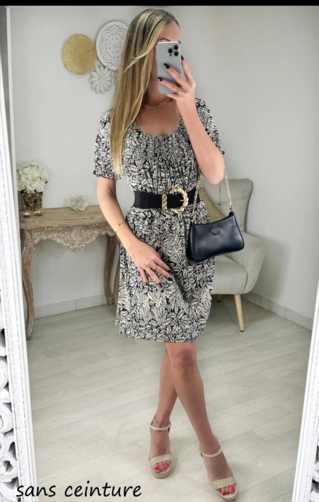 ROBE NICOLE FOND NOIR / FEUILLES BEIGE 