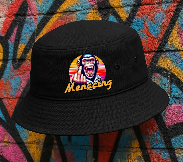 Black Bucket Hat with Menacing Monkey Design