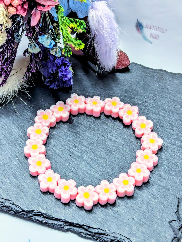 Baby Pink Polymer Clay Floral Beaded Children&#039;s Stretch Bracelet 