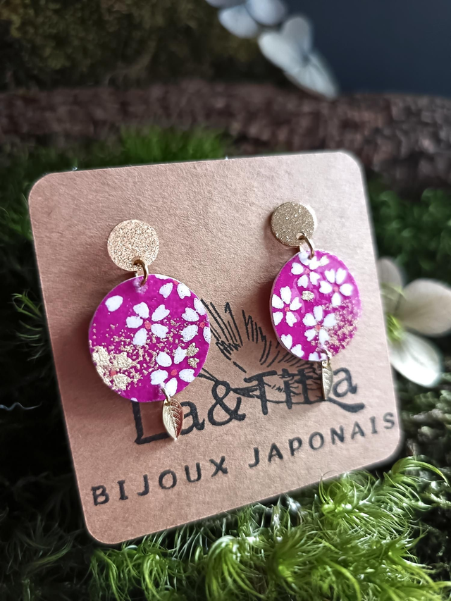 Boucles d'oreilles - puces - papier washi - Sakura - fleurs de cerisier - feuilles - La&Titia