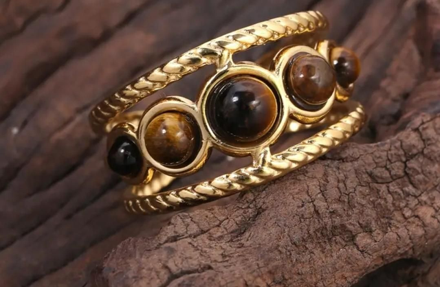 Bague en Oeil de tigre - ajustable - en acier inoxydable 