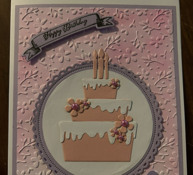 Tiered Birthday Cake Card – Pastel Pink &amp; Lilac Embossed Design