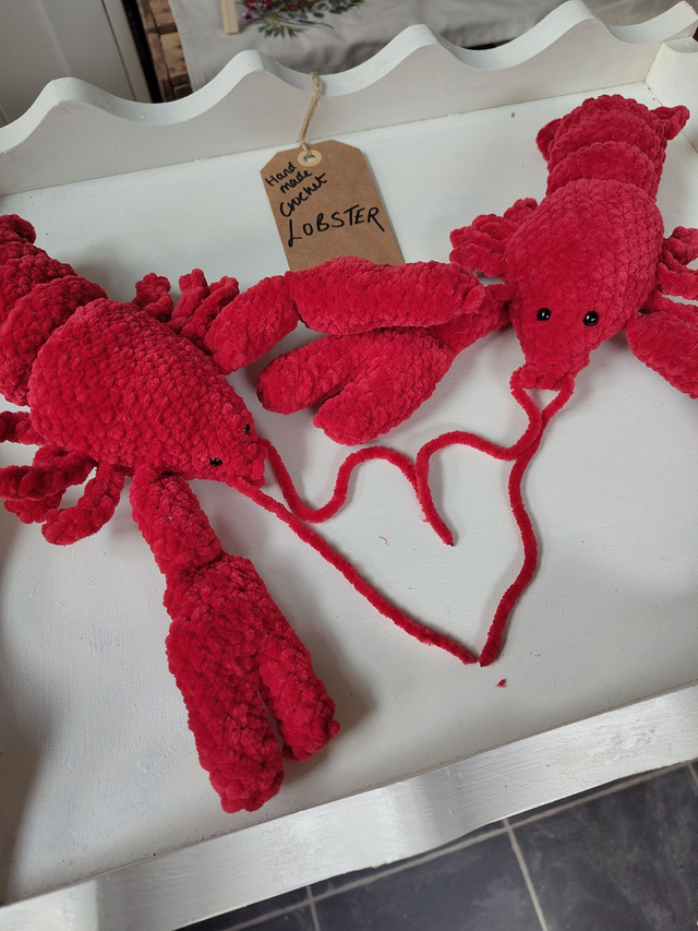 Crochet crafts - Crochet Chenille Lobster Plush with Articulated Body (made to order - allow 3 weeks craft time)