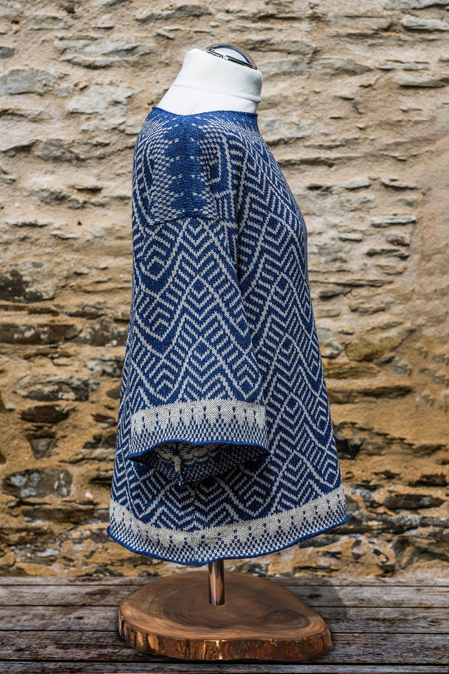 Ripples Tunic Blue and Natural. Women's Merino and Silk Top. Boho Knits. Loose fit top.