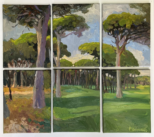 Im Rhythmus der Pinien – Öl auf Leinwand, 6 × 40 × 30 cm, 2026 | In the Rhythm of the Pines