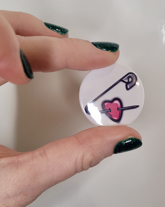 Safety Pin Through Heart Badge – 32mm Round Pin Button