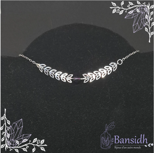 Ras de cou feuille et perle de pierre Améthyste