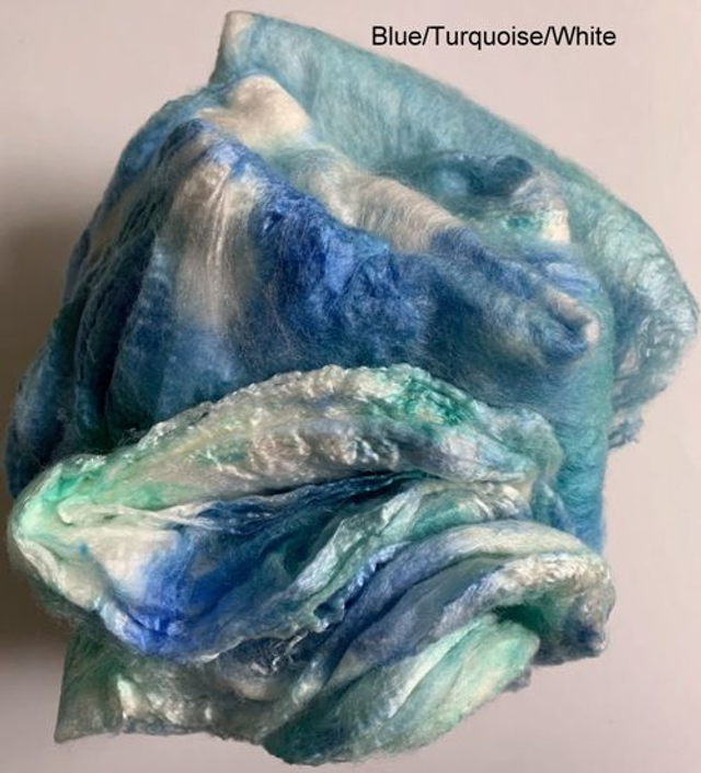Mulberry Silk Hankies, Hand Dyed A Grade Mawata Silk Hankies, blu/turquoise/white, Bombyx Silk, Spinning, Felting, Textile Art, Paper Making  