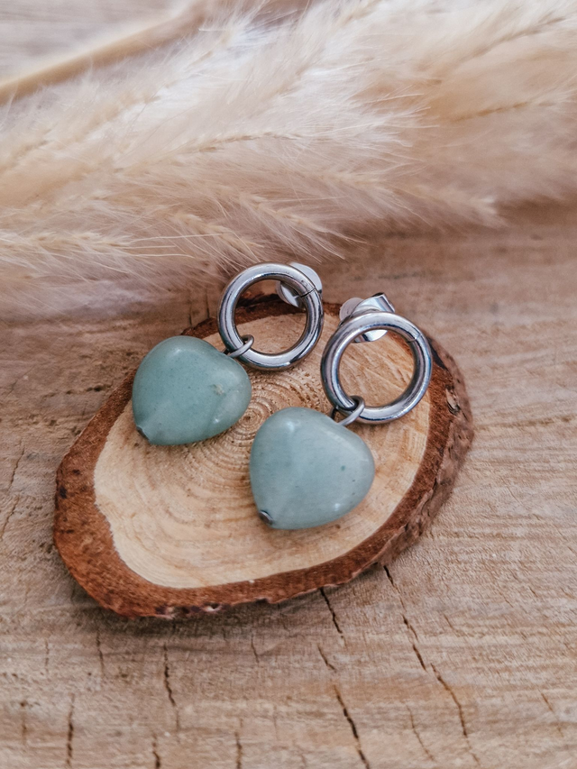 Boucles d'oreilles "Perles cœurs" - Aventurine" - Modèle argenté 