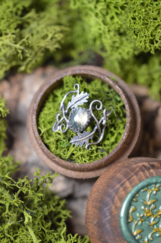 Commande personnalisée pour Manuela - Bague elfique Agate mousse, feuilles de chêne