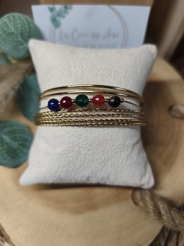 BRACELET MANCHETTE MULTI RANG/PERLES MUTLI COLORS GOLD ACIER INOXY 0001004