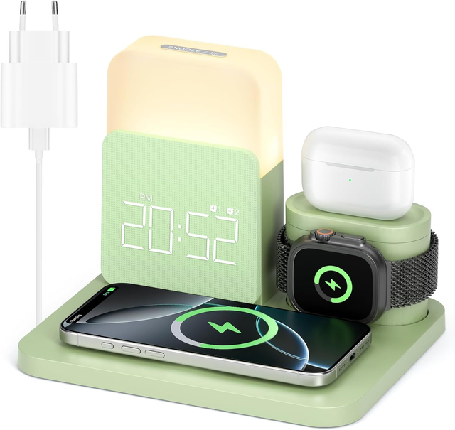 Station de Charge 3-en-1 COSLUS – Charge Sans Fil 15W, Réveil Lumineux & Lampe de Chevet (Vert)