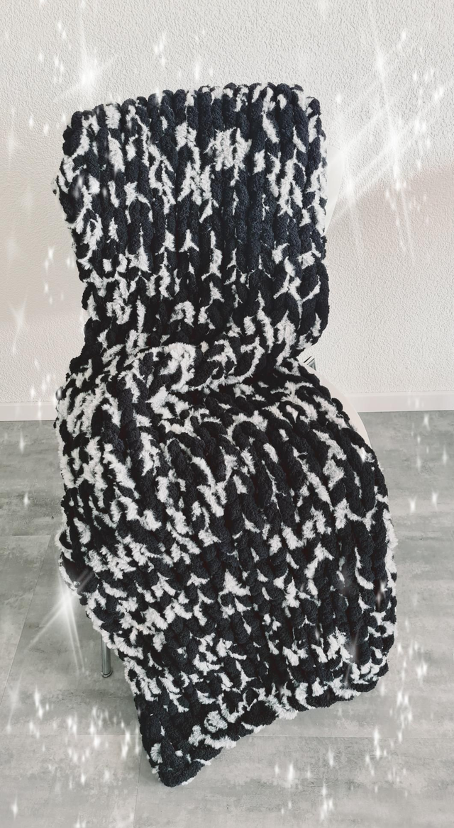 Couverture Chunky fils mix chenille/imitation fourrure noit/gris