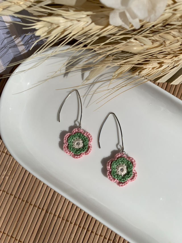 Boucles d’oreilles fleurs Corolles ~ S ~ Rose / Vert