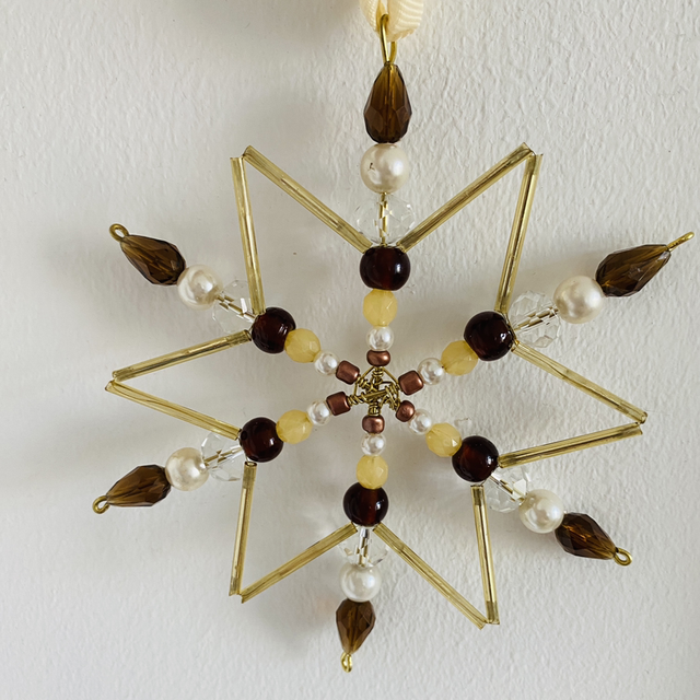 Brown, Cream & Gold Snowflake Star with Vintage Beads Christmas Hanging Decoration