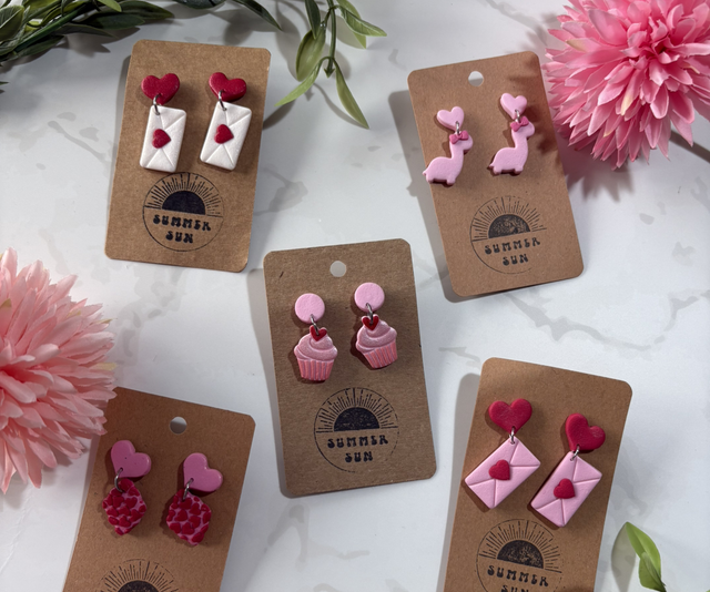 Handmade Pink Hearts Clay Earrings