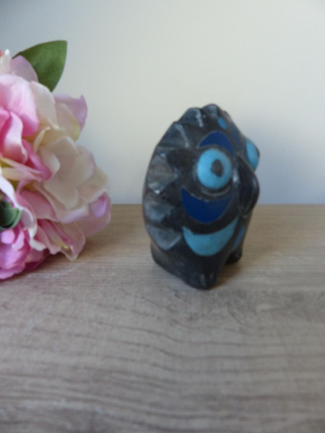 Figurine Chouette Mexicaine Vintage – Poterie en Argile Bleue et Noire, Sculpture Rare des Années 70