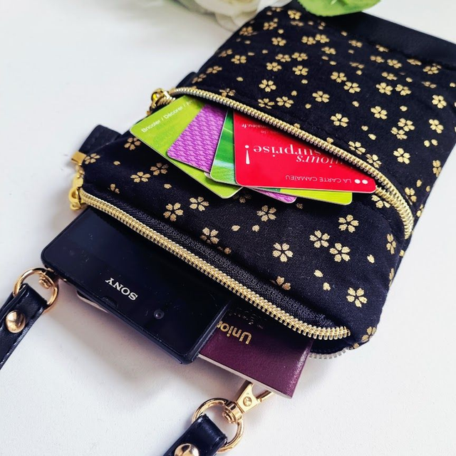 Mini-sac pour téléphone "Sakura" noir doré & simili cuir noir