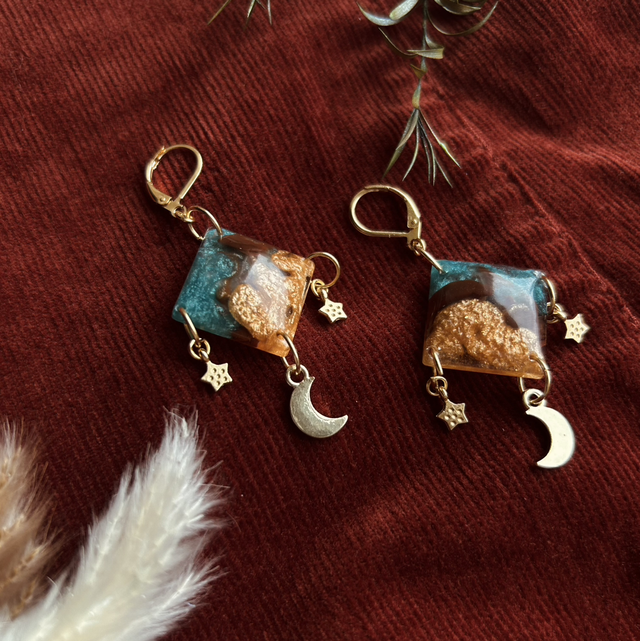 Moon and Star Celestial Diamond Shaped Earrings