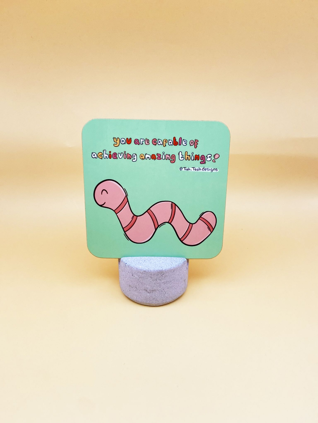 Wiggly worm coaster - Positive word coaster - Hardback coaster 