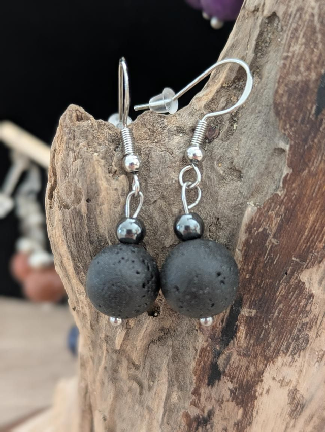 Boucles d'oreilles Pierre de lave/hématite argent S925 