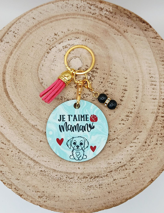 Porte-clé en MDF (bois) sublimé &quot;Je t&#039;aime Maman avec un chiot&quot; avec 2 breloques.  