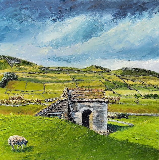 Wensleydale stone barn and sheep- original textured oil painting. 
