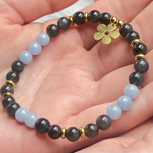 Bracelet Pierre de Lune Noire et Angélite - Perles de 6mm