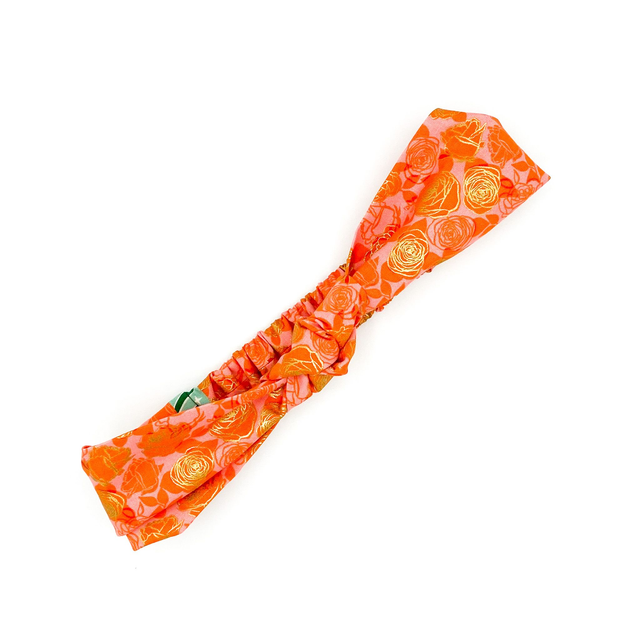 Knotted Elasticated Headband - Orange Metallic Gold Rose
