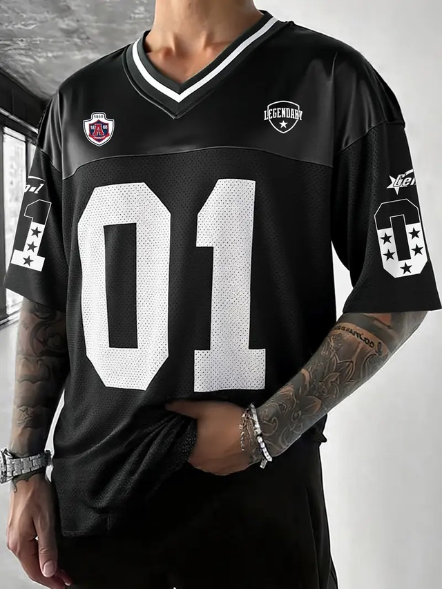 Men's Black V-Neck Athletic Jersey T-Shirt