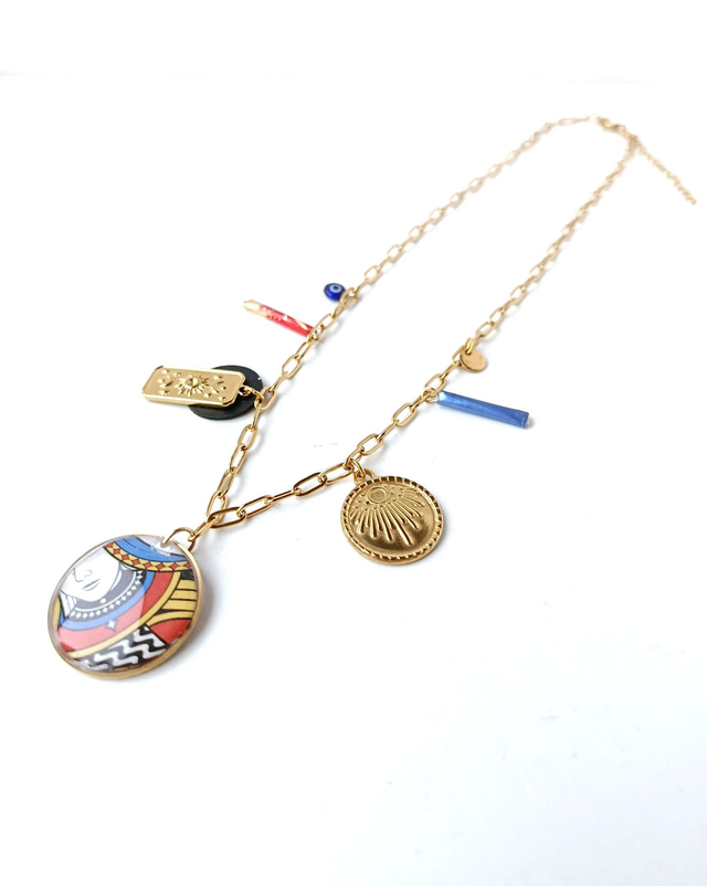 Collier à Breloques Upcyclé Carte de Tarot, Chambre à Air & Aluminium Recyclés - Reine