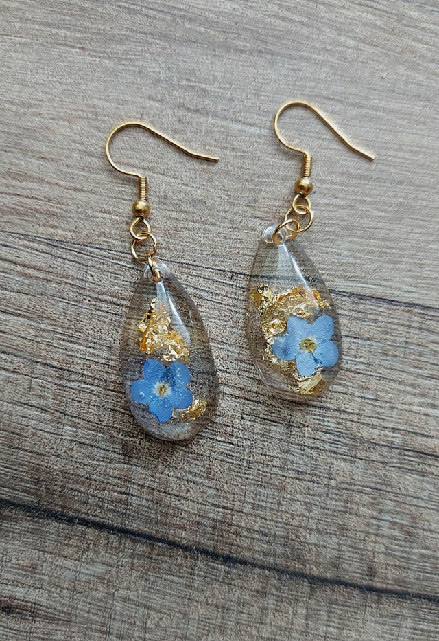 Boucles d'oreilles - Myosotis et feuilles d'or