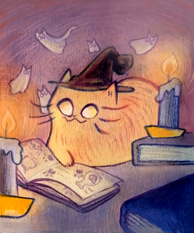 Chat Patate - Halloween - Sorcière et grimoire 