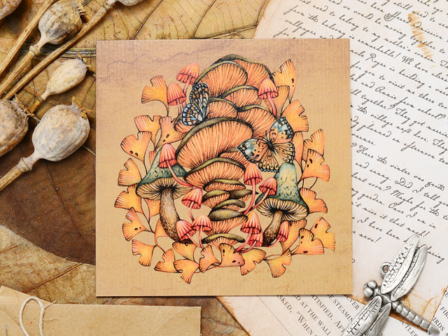 &quot;Oyster Mushrooms &amp; Butterflies&quot; postcard 