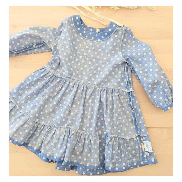 Noël – Ensemble robe + gilet – Tissu coton bleu à pois blanc