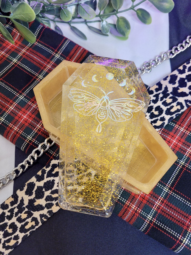 Coffin Trinket Box - Gold with Moth Design
