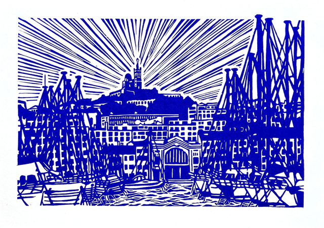 Marseille : Vieux-Port et Notre Dame de la Garde • Linogravure bleue 30 x 21 cm