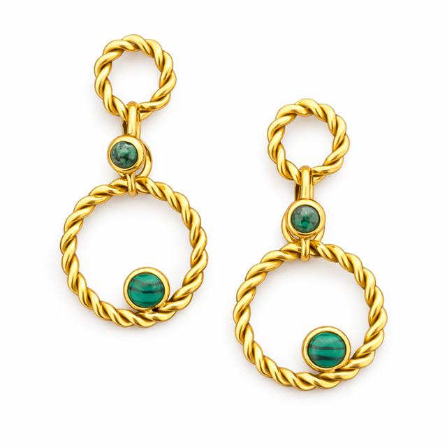 Pendientes acero dorado y piedra verde 