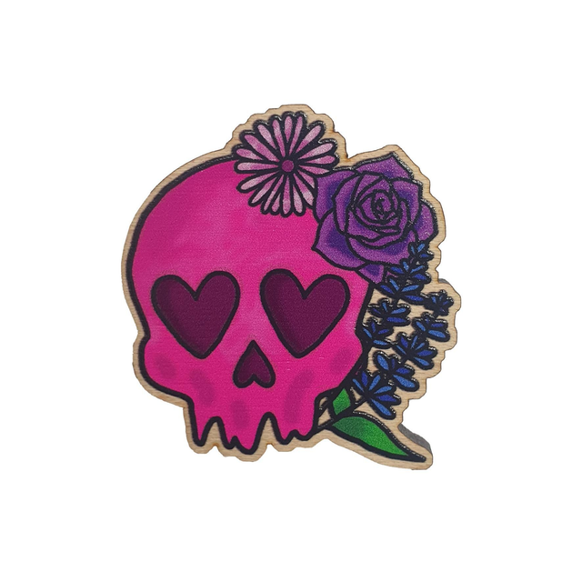 Pink Floral Skull Wooden Pin Badge 