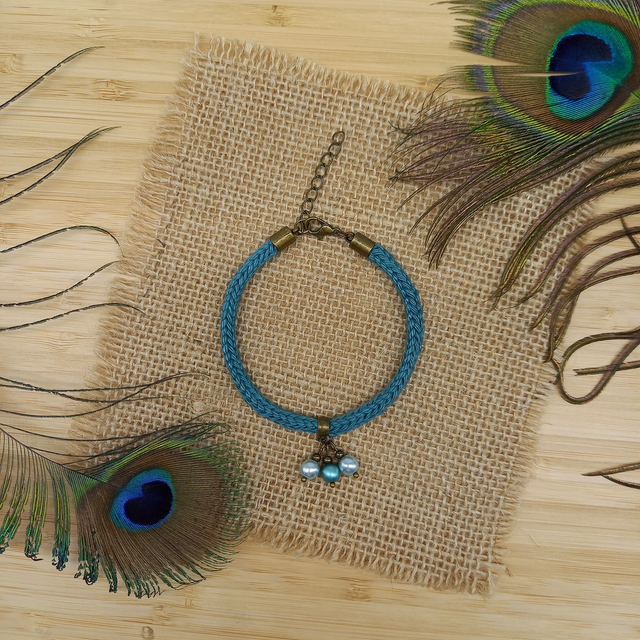 Parure turquoise et bronze - Bracelet tricoté turquoise