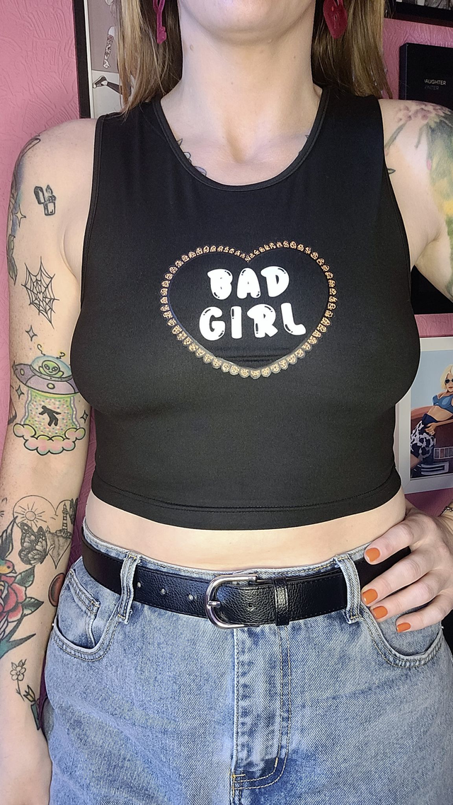 Bad Girl Black Crop Vest – Alt Graphic Tank Top with Bold Heart Print | Stretchy Fit Sizes S‑XL