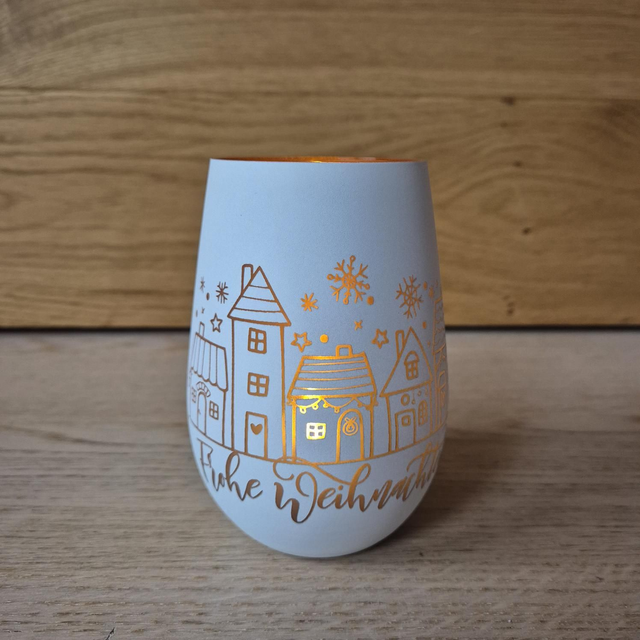 Teelichtglas, Frohe Weihnachten Häuser