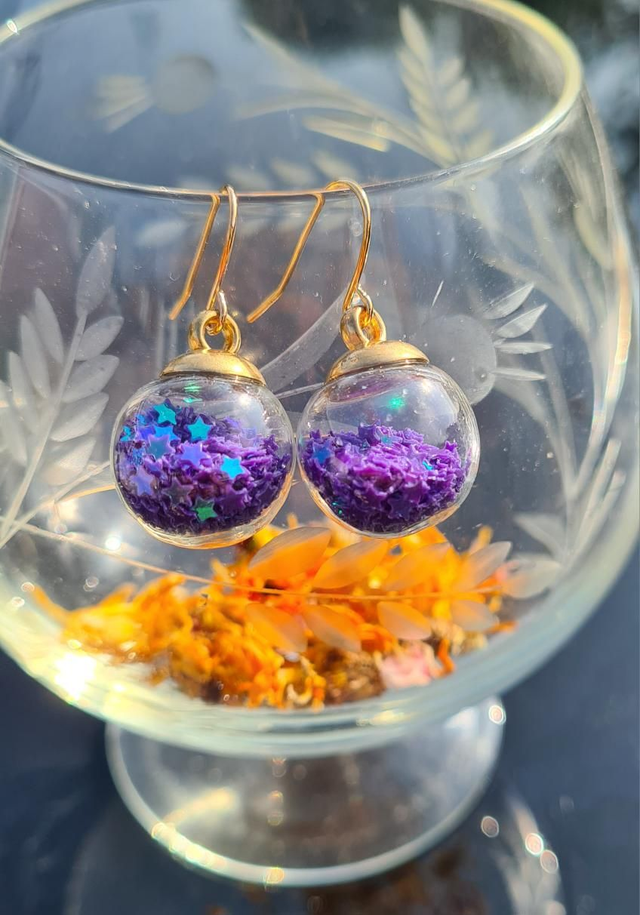 Earrings glass ball bauble glitter confetti purple stars