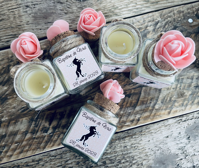 Pots en verre avec bougie ou dragées personnalisés avec Licorne pour baptême