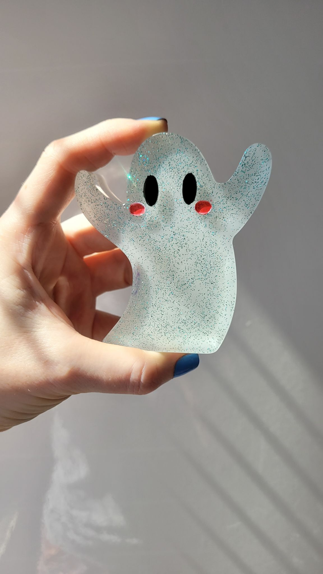 Ghost Ornament -  Blushing Ghost, Blue Glitter and White